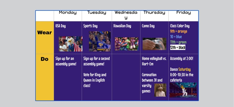 schedule of dress up days