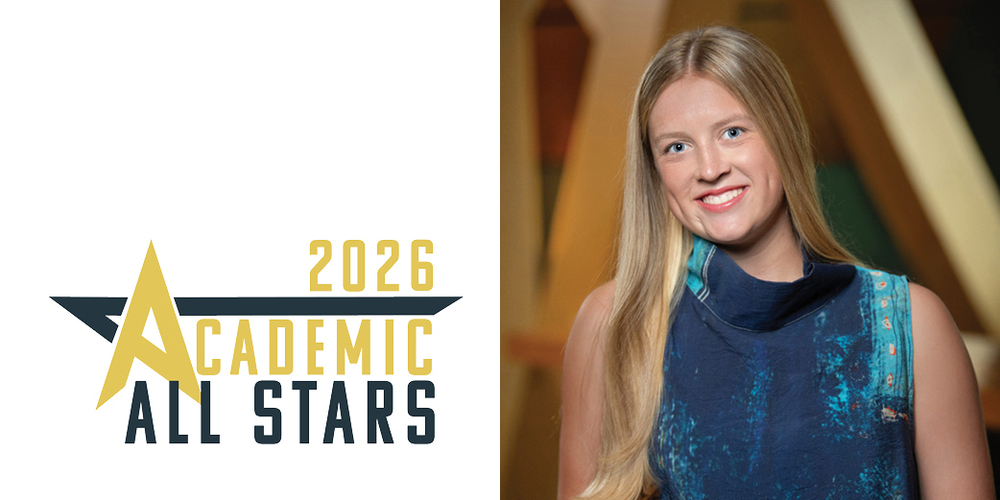 image of Academic All Stars logo next to headshot portrait of young woman in blue dress