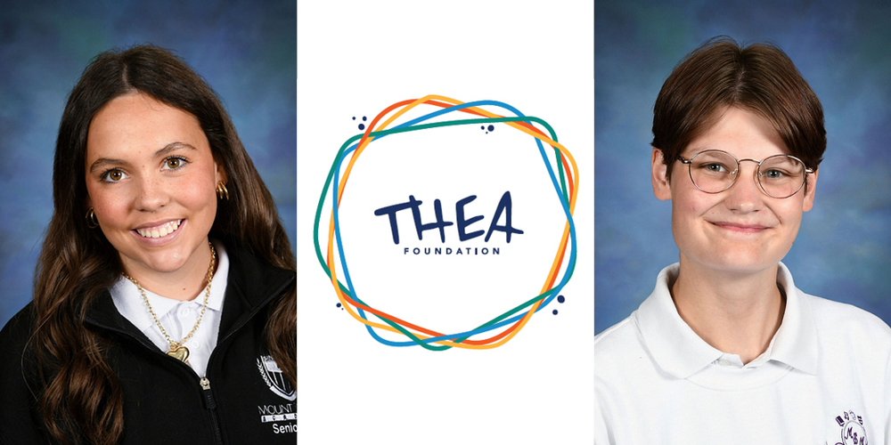 portrait images of two students on either side of Thea Foundation logo
