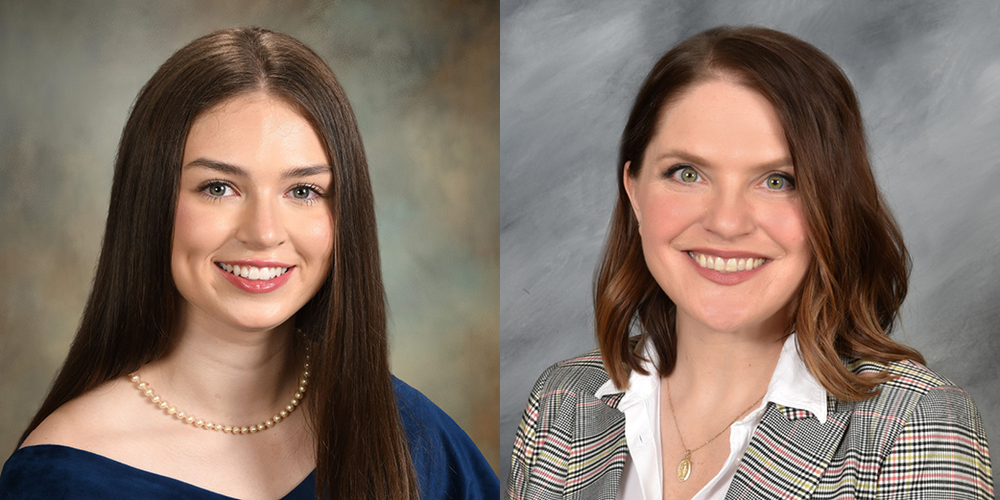 two side-by-side portraits featuring a female student and a female teacher