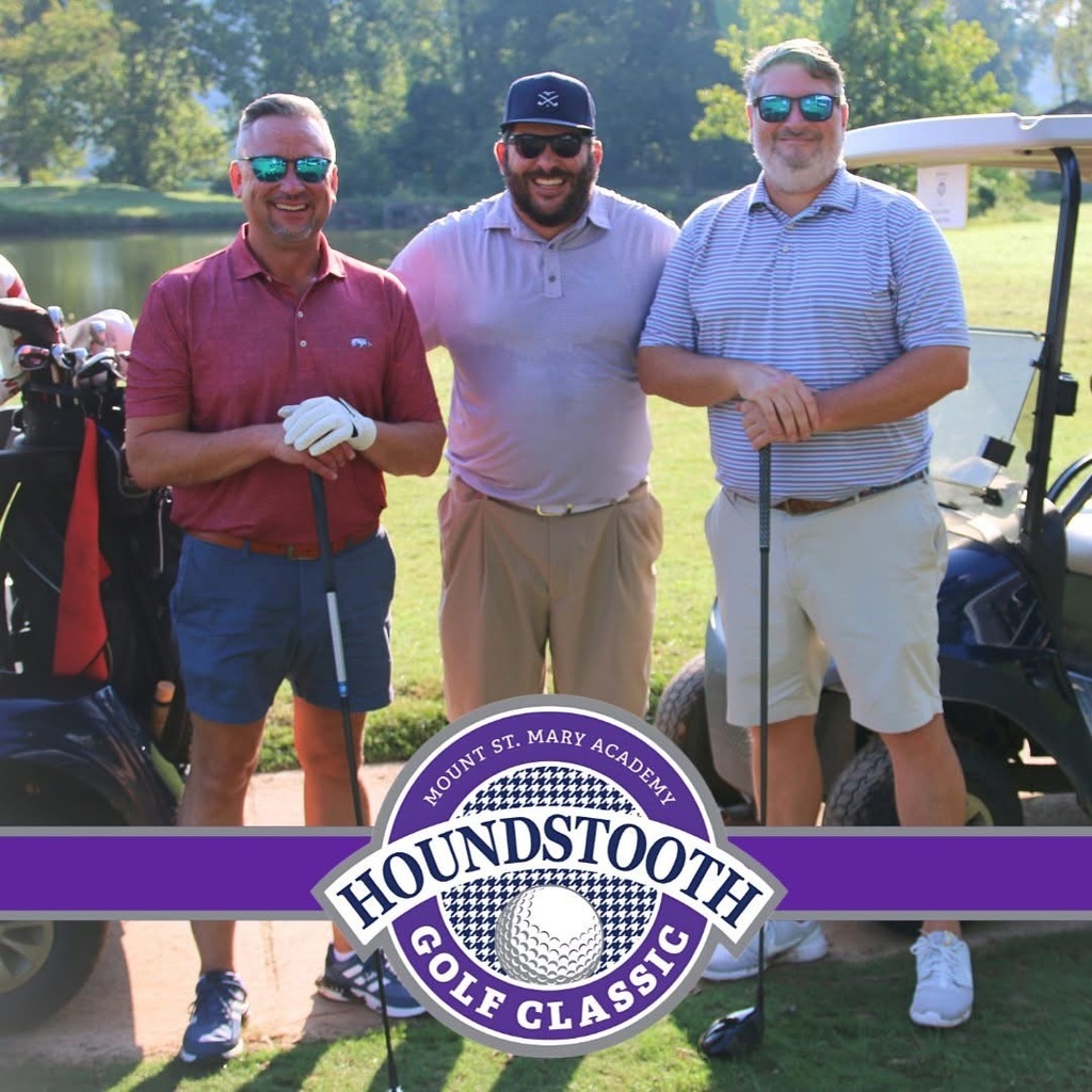 three men golfers holding clubs and standing next to golf carts on golf course