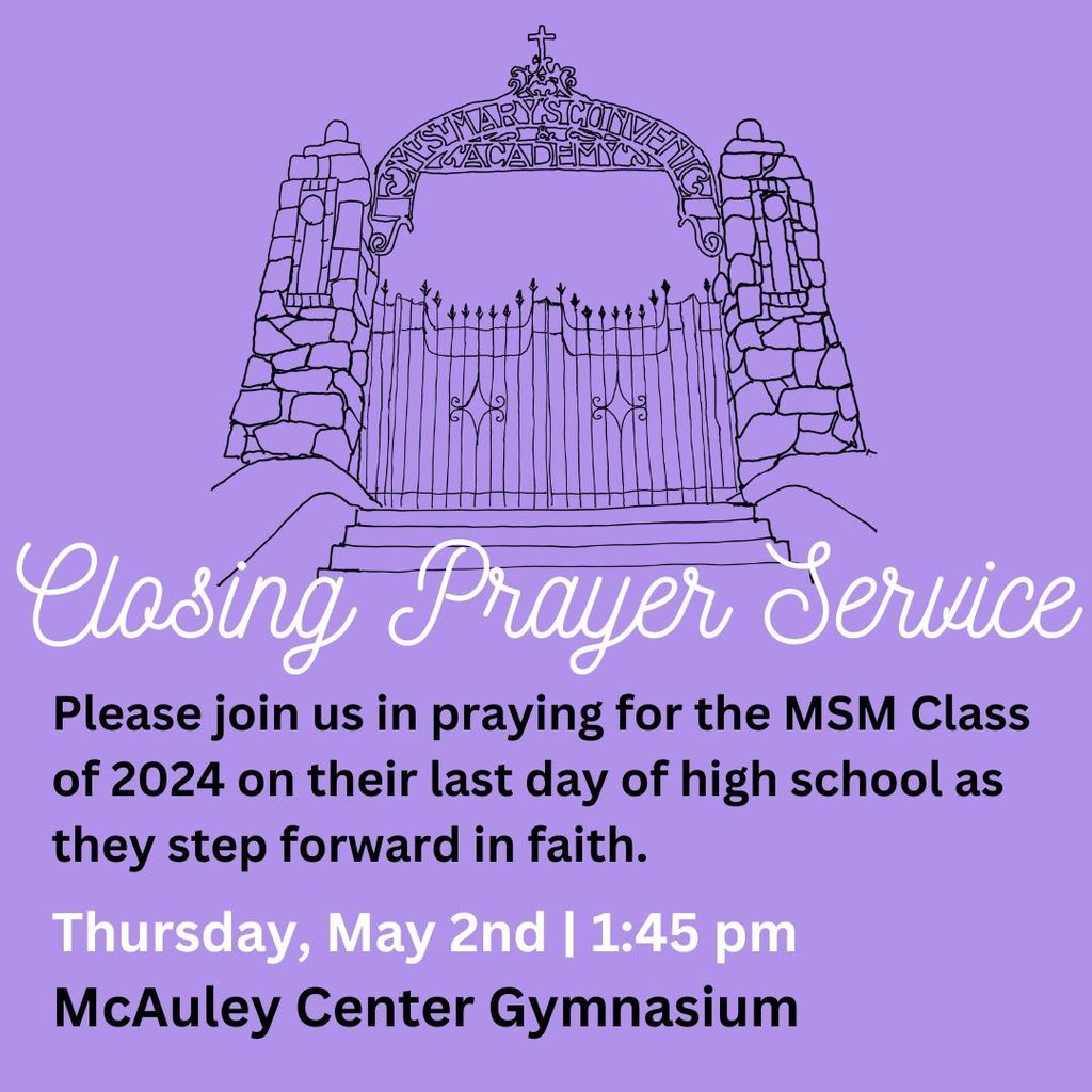 Closing Prayer Service details with sketch of historic gate on purple background