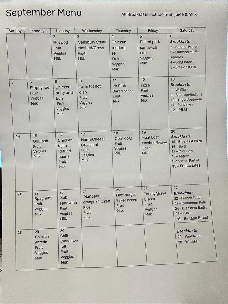 September Lunch Menu