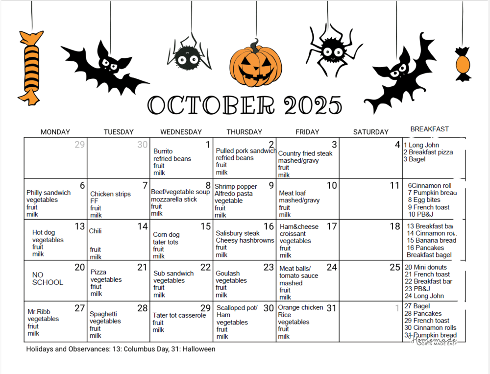 October Lunch Menu