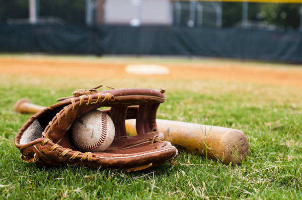 Baseball glove, bat, and ball