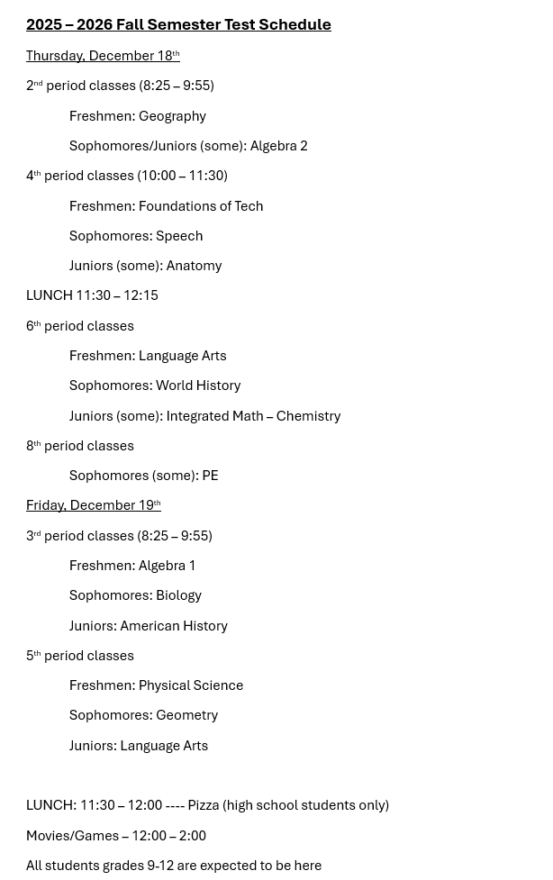 Semester Test Schedule