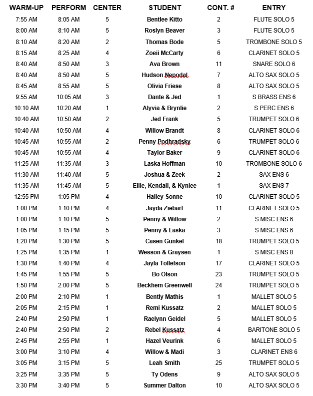 Schedule for list of 5-8 instrumental contest