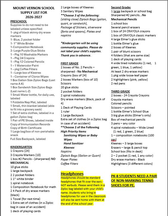 School Supply List