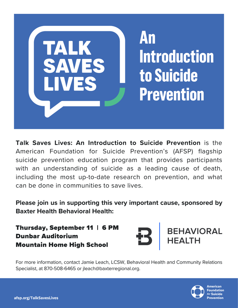 talk saves lives an intro to suicide prevention thursday, sept 11 at 6 pm. at dunbar auditorium. 