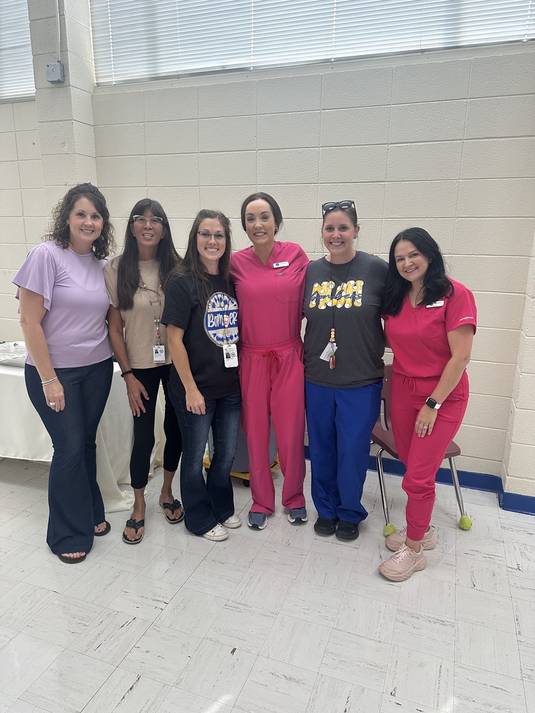 teachers posing with nurses in pink scrubs
