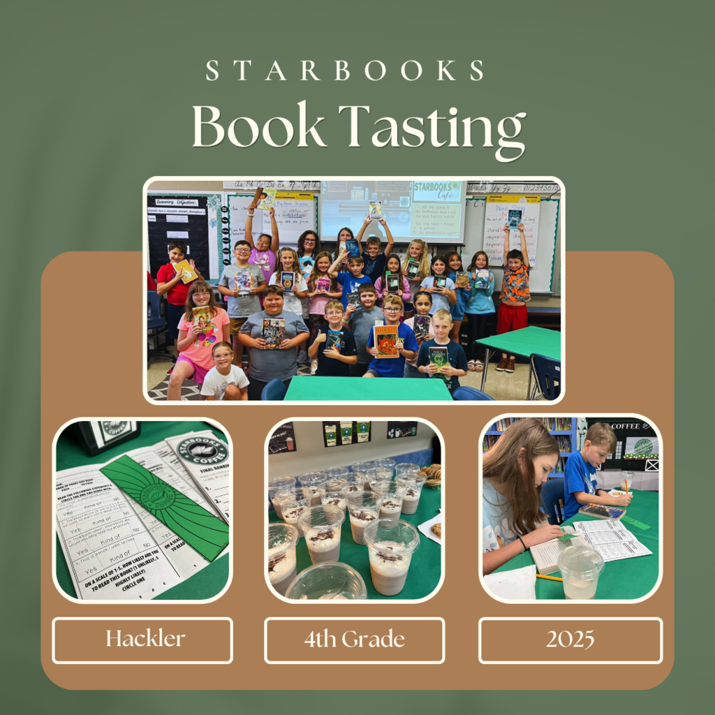 collage of kids reading and posing with books as well as fake lattes and menus