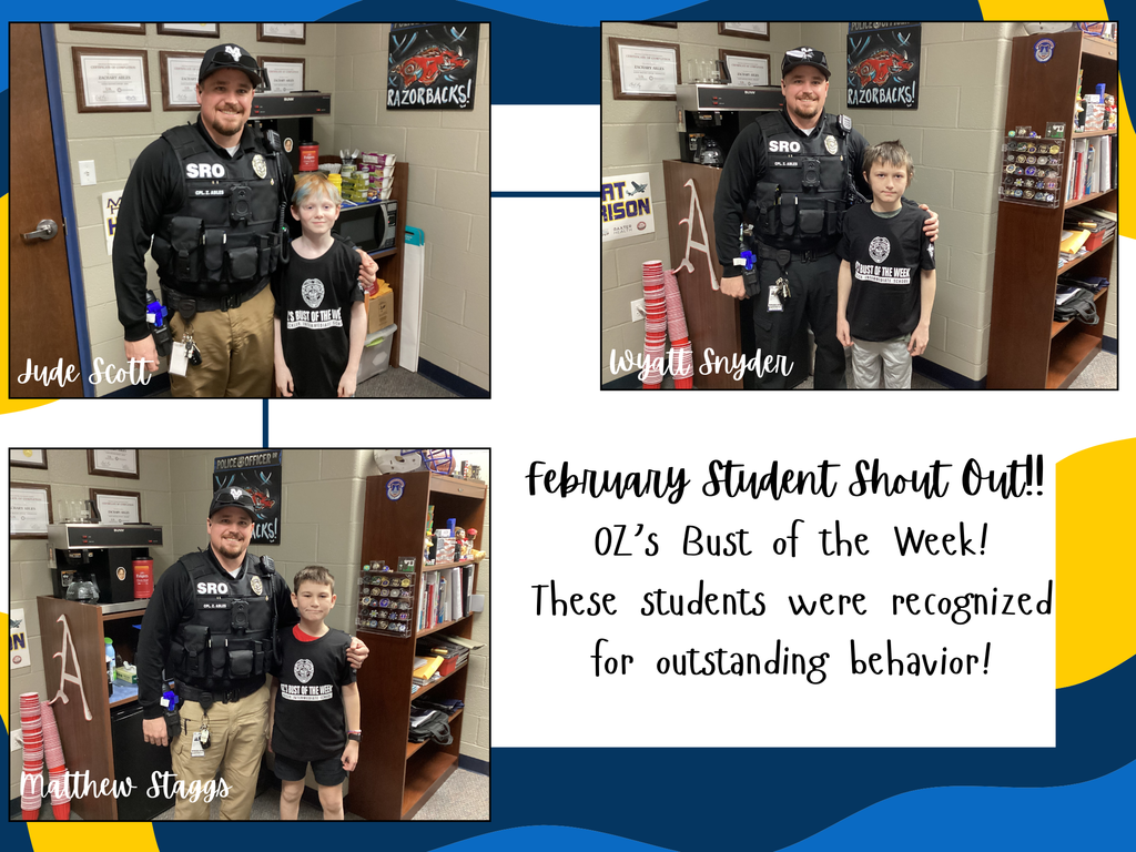oz's bus of the week - these students were recognized for outstanding behavior. In the collage are 3 intermediate school boys with officer Zach at Hackler.