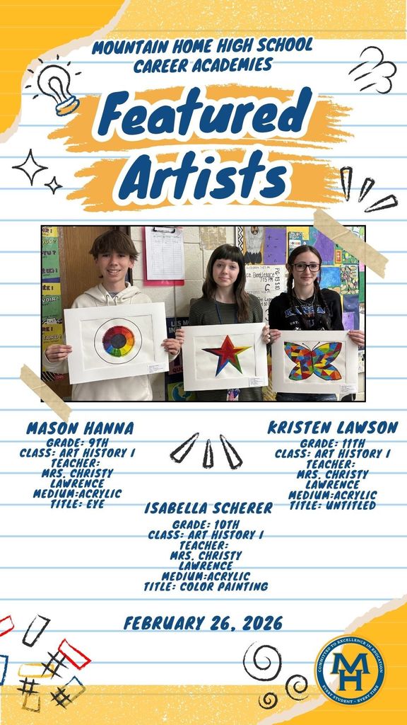 Names listed in post - This month's featured artists at MHHS. Three  high school students (one boy, two girls)  hold acrylic paintings in photo. 