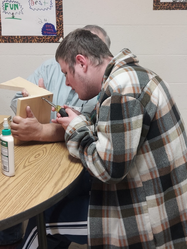 high school boy building birdhouse with the help of one adult volunteer