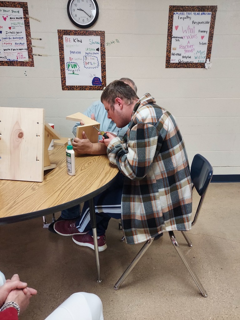 high school boy building birdhouse with the help of one adult volunteer