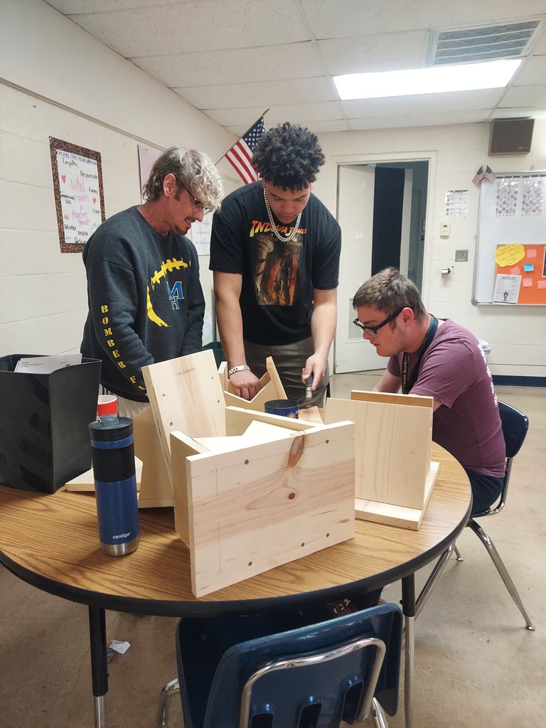 two high school boys building birdhouse with the help of one adult employee