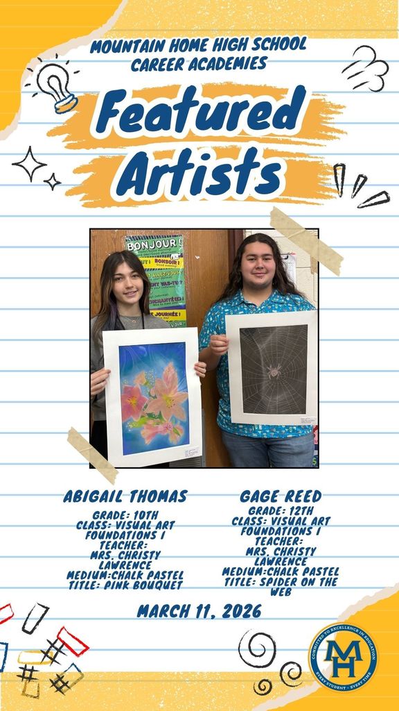 two teenagers Abigail Thomas and Gage Reed holding their chalk paster artwork. Abigail's is called pink boquet and gage's is called spider on the web