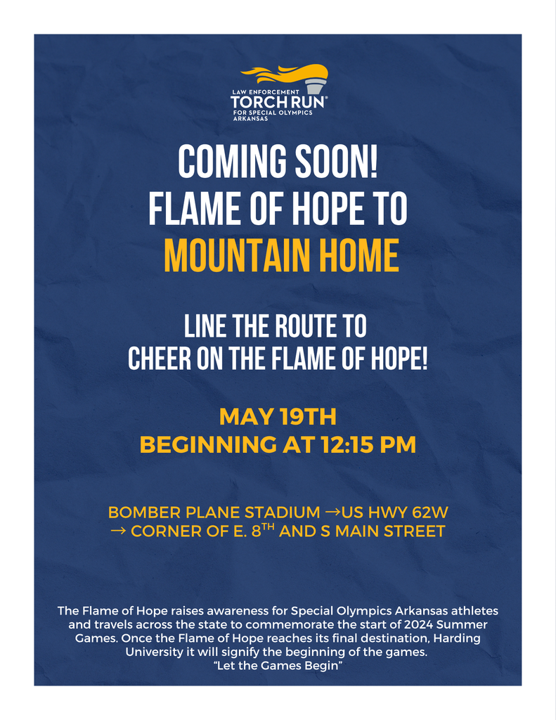 Flame of Hope coming through Mountain Home on May 19th at 12:15 PM, Bomber Plane, US Hwy 62W, Corner of E. 8th and S Main Street