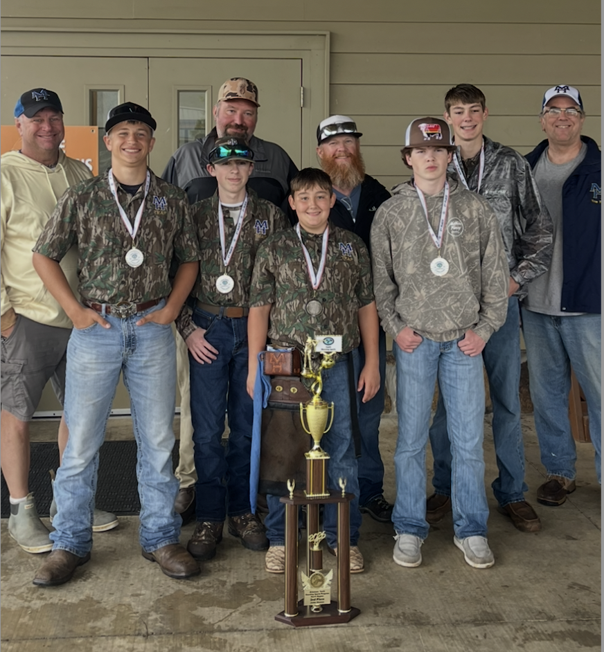 Bomber Trap Team with coaches & their 2nd place trophy