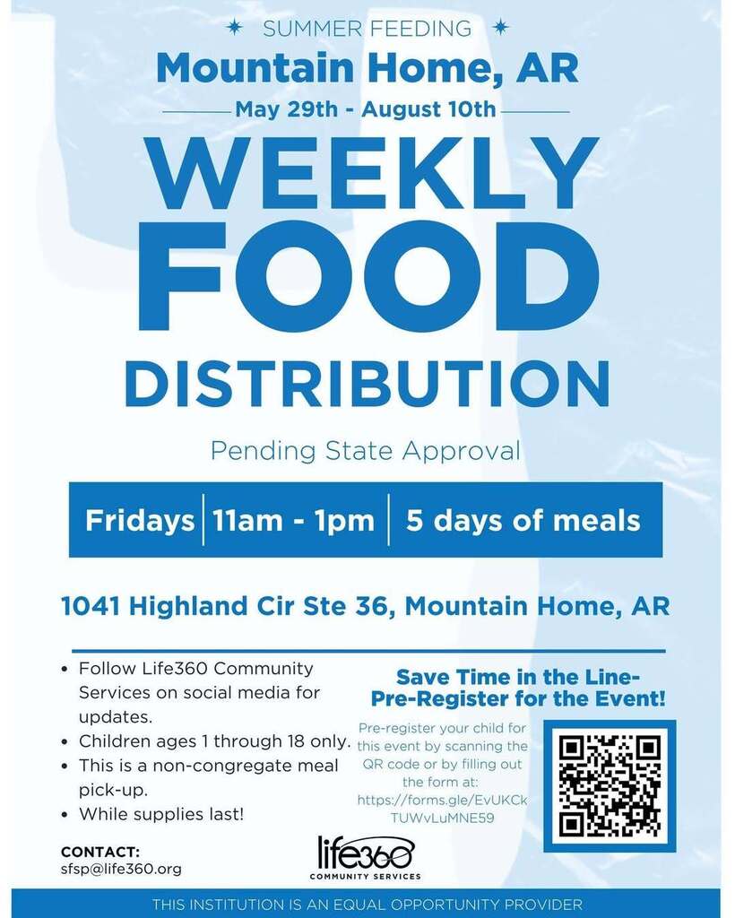 Mountain Home Summer Feeding is starting in two weeks!! This is a drive-through event providing nutritious meals for children ages 1–18 every Friday through August 10th! This program ensures local children stay nourished while school is out! To save time in the drive through line, be sure to pre-register each child for the event at this link: https://forms.gle/EvUKCkTUWvLuMNE59 May 29th through August 10th Fridays from 11am-1pm 1041 Highland Cir Ste 36 Children ages 1-18 only 5 days worth of meals This is a drive through event