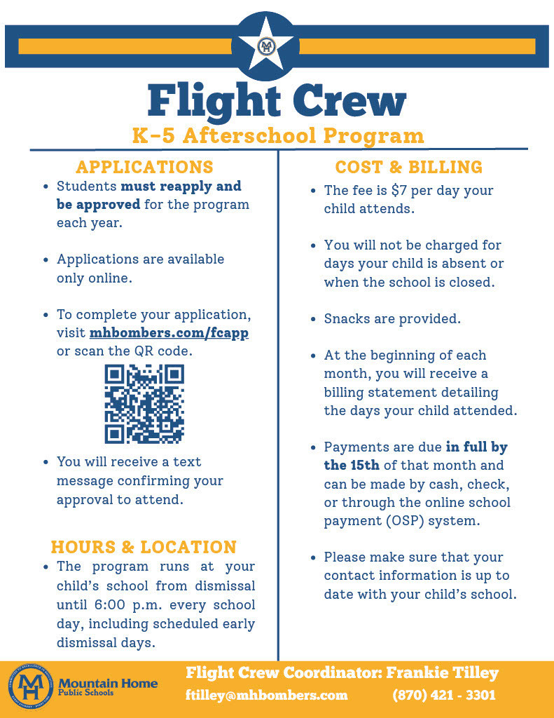 Flight Crew K-5 After school program application information and QR code to sign up
