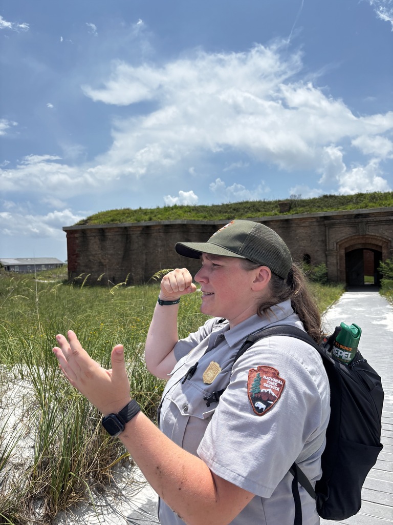Jordan Campbell giving tours of Fort Massachusetts on Ship Island