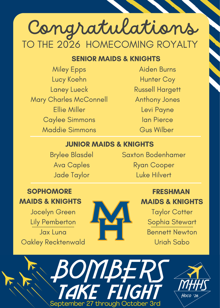 Congrats 2026 Homecoming Royalty-Seniors: Miley Epps, Lucy Koehn, Laney Lueck, Mary Charles McConnell, Ellie Miller, Caylee Simmons, Maddie Simmons, Aiden Burns, Hunter Coy, Russell Hargett, Anthony Jones, Levi Payne, Ian Pierce, Gus Wilber. Juniors- Brylee Blasdel, Ava Caples, Jade Taylor, Saxton Bodenhamer, Ryan Cooper, Luke Hilvert. Sophomores- Jocelyn Green, Lily Pemberton, Jax Luna, Oakley Recktenwald. Freshmen- Taylor Cotter, Sophia Stewart, Bennett Newton, Uriah Sabo