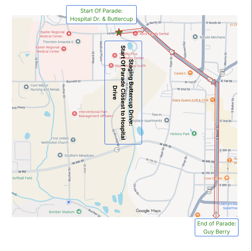 Map of homecoming parade route. Start at Hospital Dr. & Buttercup, End at Guy Berry