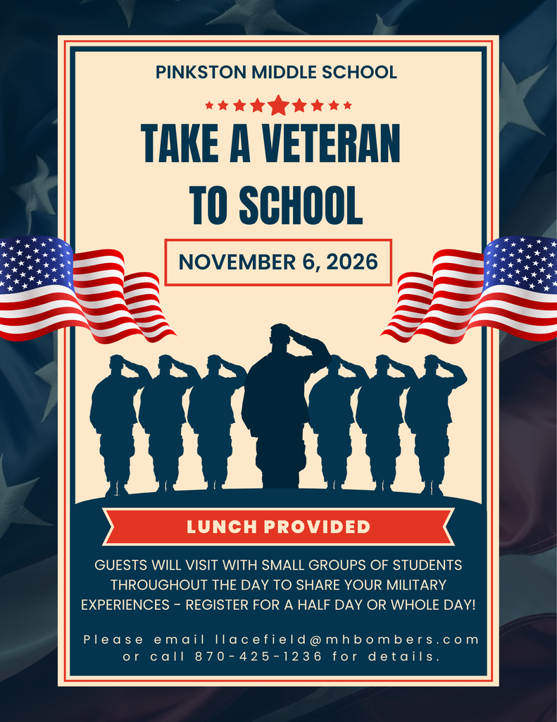Take a Veteran to school Nov 6 lunch provided guests will visit with small groups of students throughout the day to share your military experiences-register for half or full day email llacefield@mhbombers.com