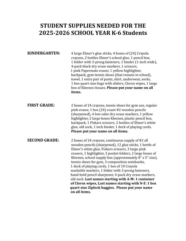 2025-2026 School Supply Lists