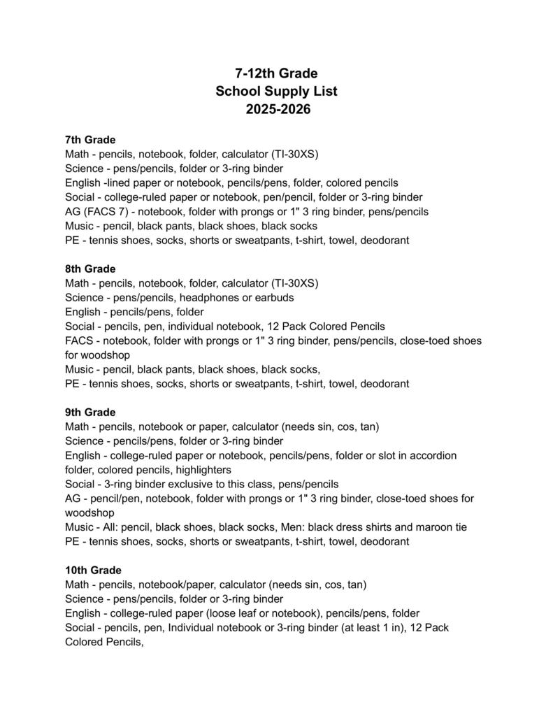 2025-2026 School Supply Lists