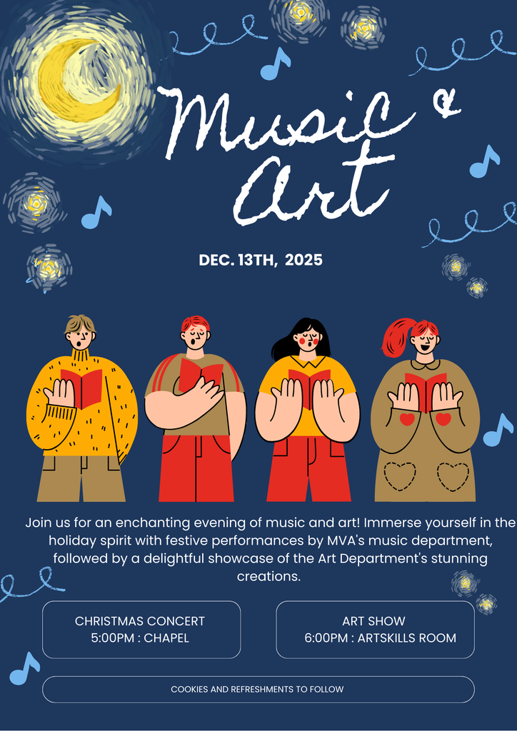 Join us for the Annual Christmas Concert and Art Show on Saturday, December 13th at the MVA campus located at 360 S. Shoreline Blvd. Mountain View, CA 94041.