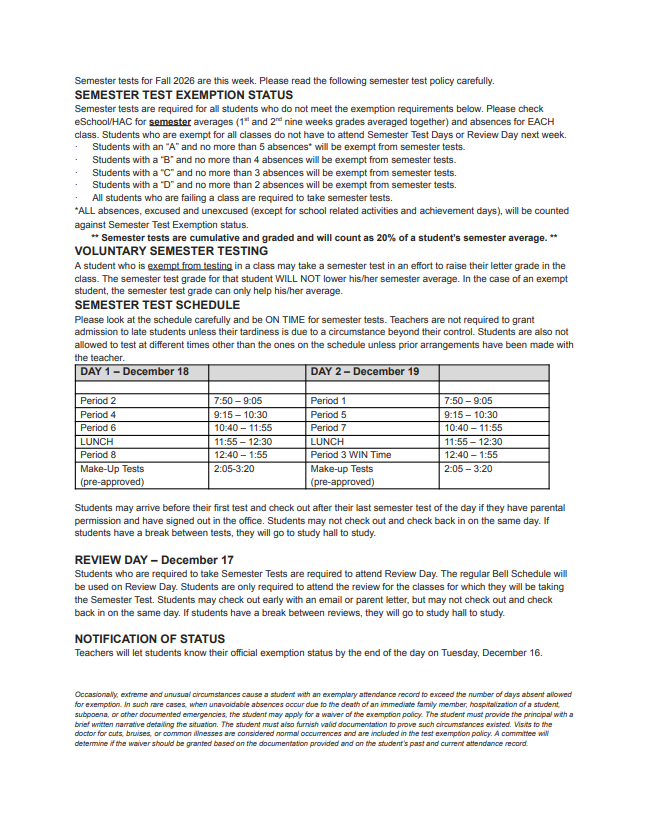 Semester Test Exemption
