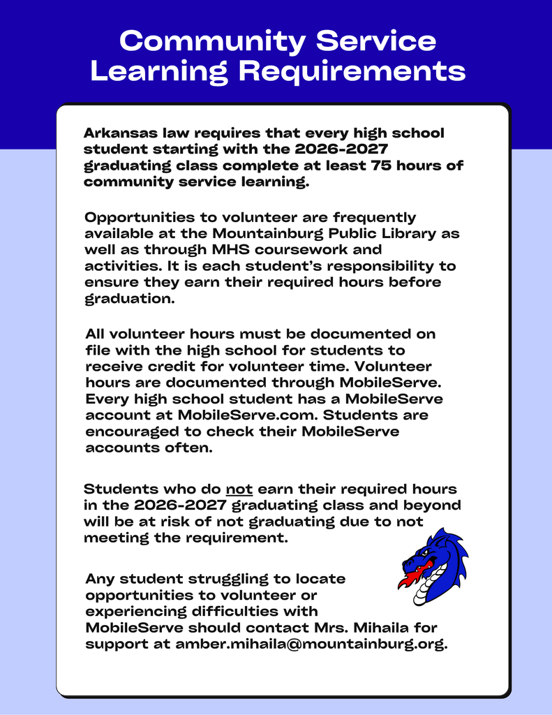 Community Service Learning Requirements - Starting with the graduating class of 2026-2027, all high school students will be required to earn at least 75 community service learning hours.
