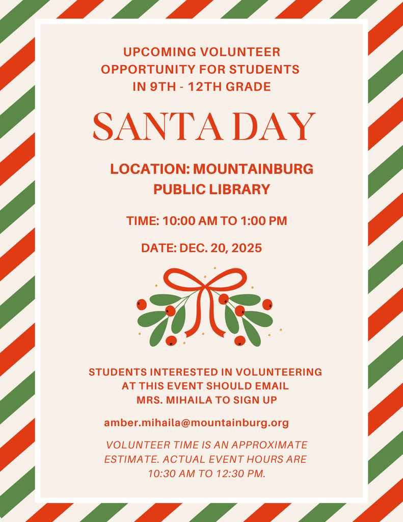 Upcoming volunteer opportunity at Mountainburg Public Library on December 20th from 10:00 am to 1:00 pm.
