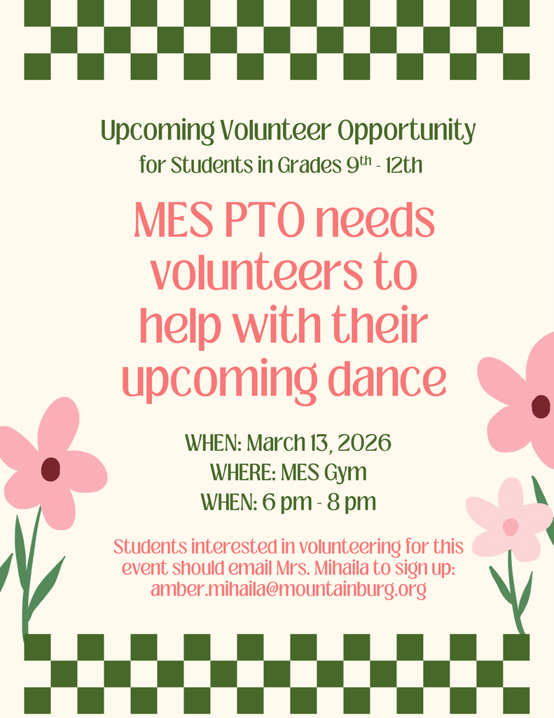 Upcoming community service learning opportunity for students in grades 9th through 12th grade on March 13th from 6 pm to 8 pm at MES gym.