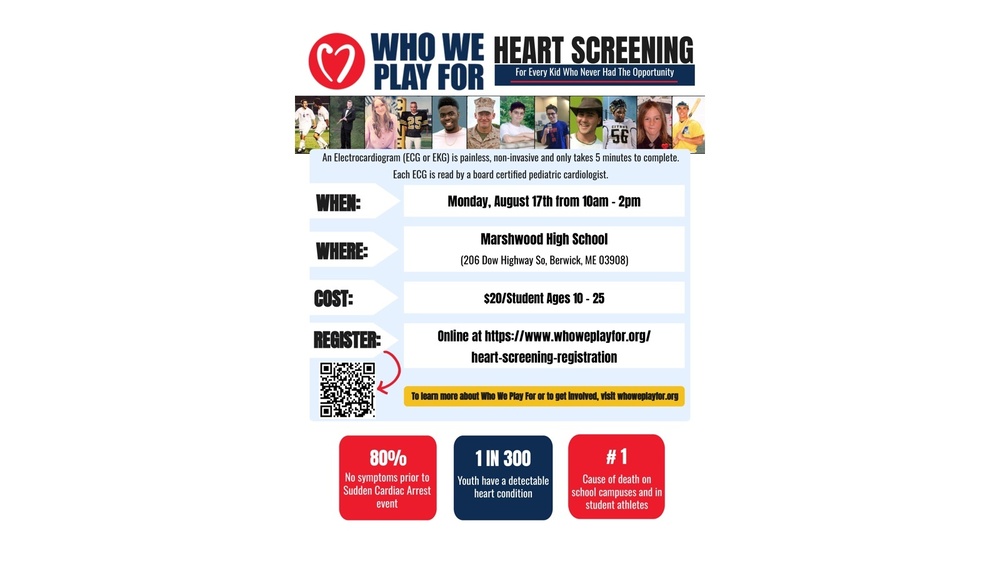 Fler image describing a heart screening event occuring between 10am and 2pm Aug 17th at Marshwood High School