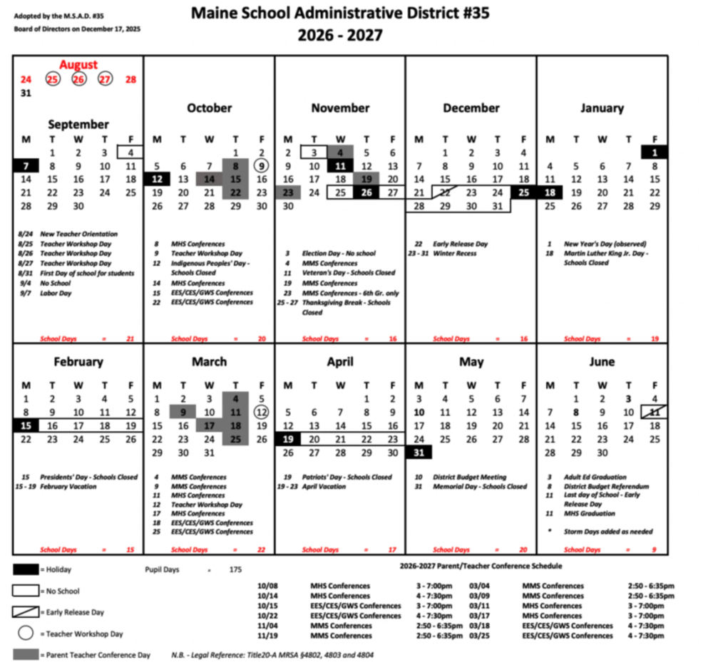 Marshwood School Calendar for 2024-2025