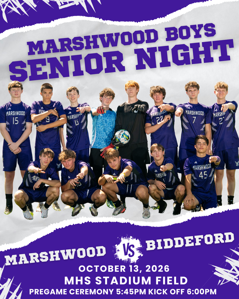 Marshwood Boys Soccer seniors pose for a poster advertising their game vs Biddeford on Oct 13 at 5;45 pm at MHS stadium