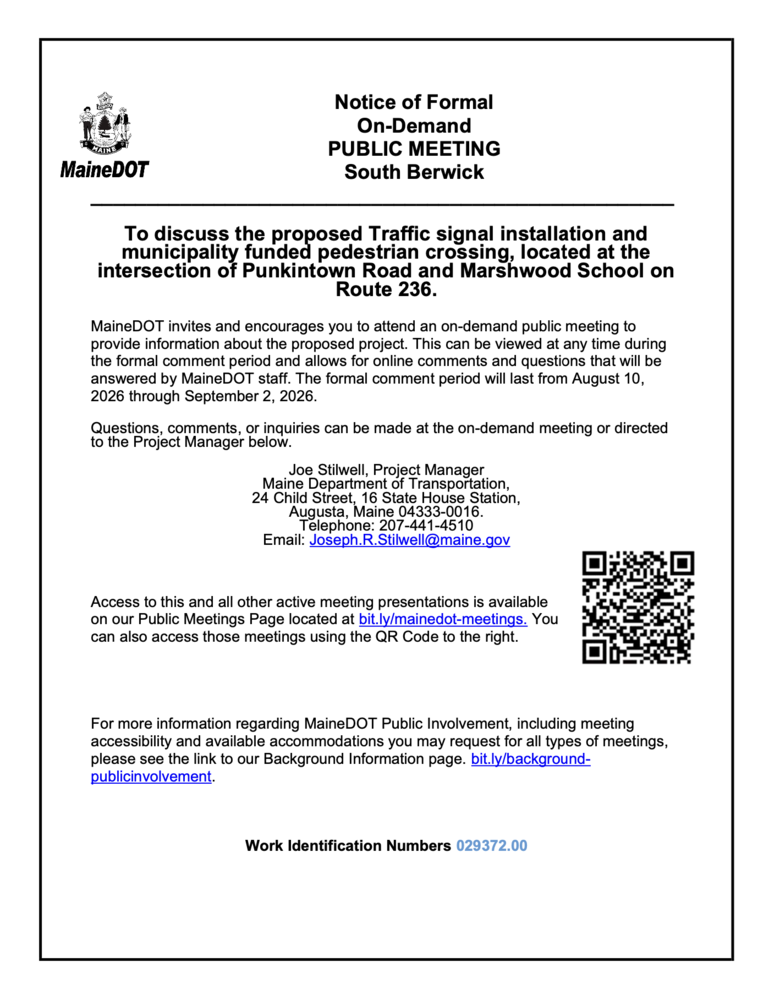 Image of Public Notice announcing period for public comments until Sept 2 2026 for proposed crossing between Punkin Rd and the entrance to MHS
