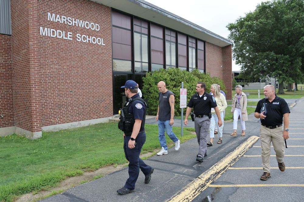 Marshwood leadership tours the outside of the Marshwood Middle School with Jack Peck, a school emergency management coordinator with the Maine Safety Center as part of a safety assessment conducted at all five Marshwood schools