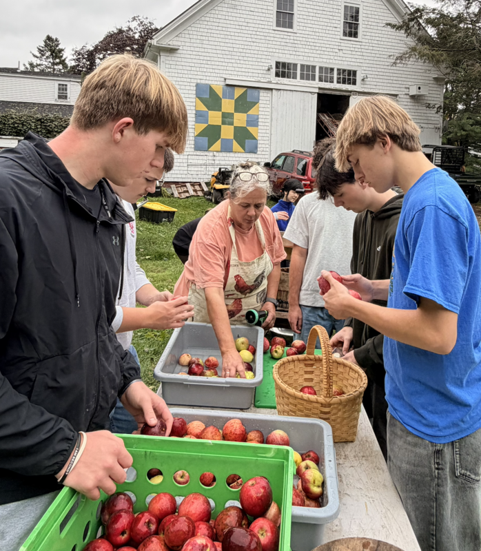 Students check over apples picked on a farm visit as part of class..
