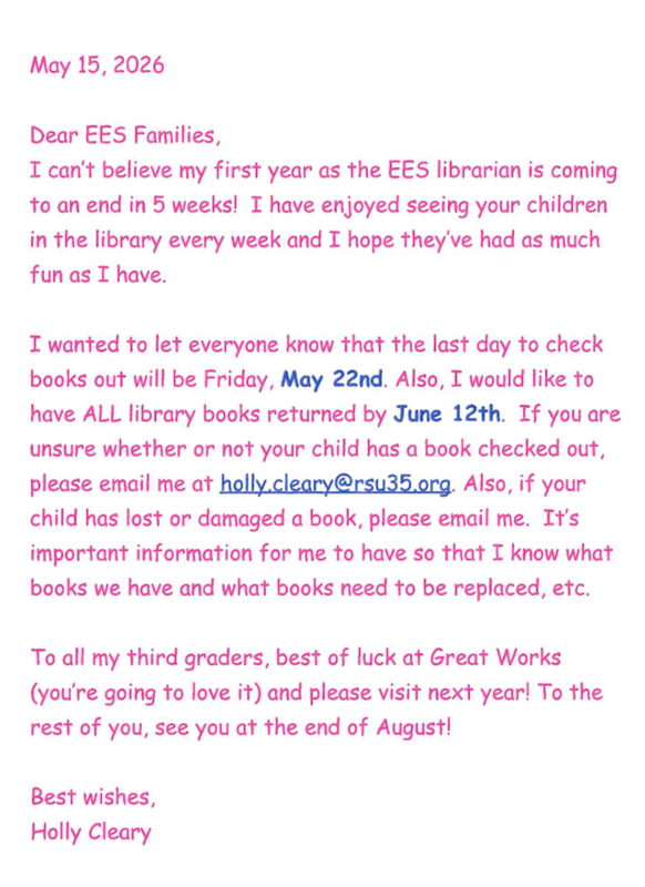Message from Mrs.  Cleary the Librarian 