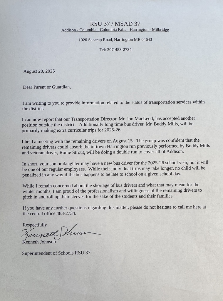 Letter from Superintendent