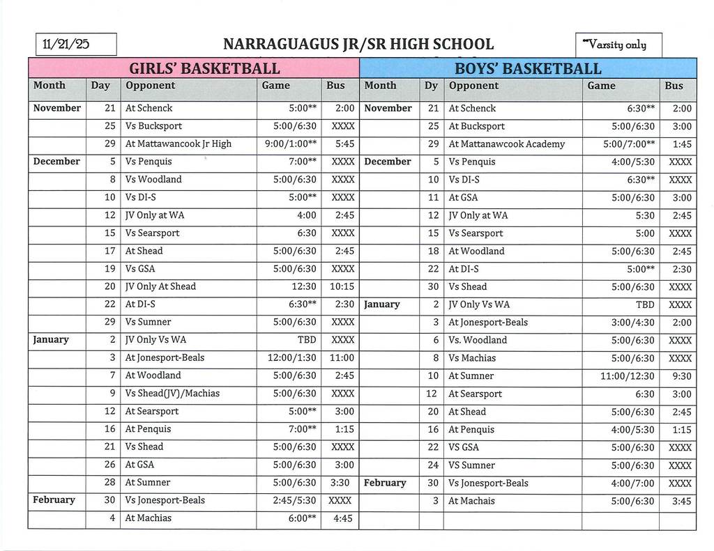 Basketball Schedule 11/21/25
