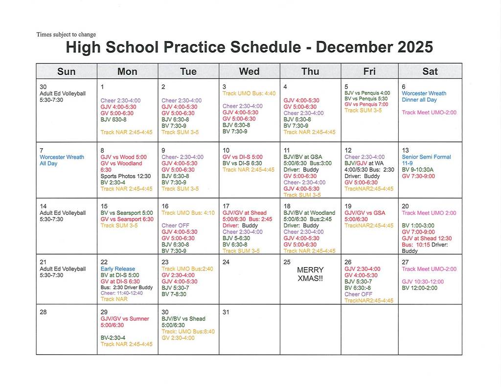 High School Practice Schedule - December 25