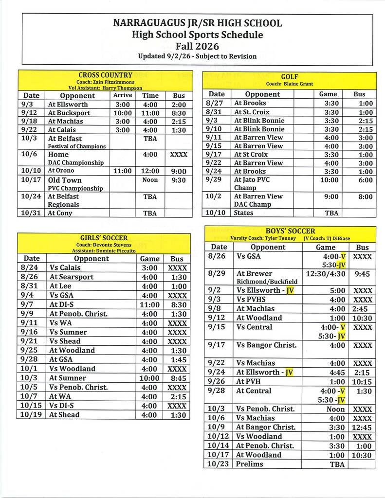 Narraguagus High School Sports Schedule Fall 2026