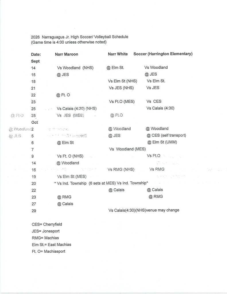 Jr. High Sports Schedules as of 9/8/2024