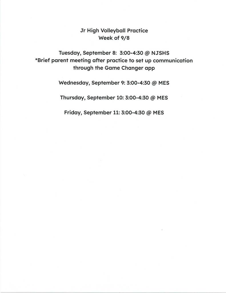 Jr. High Volleyball Practices 9/8/26-9/11/26
