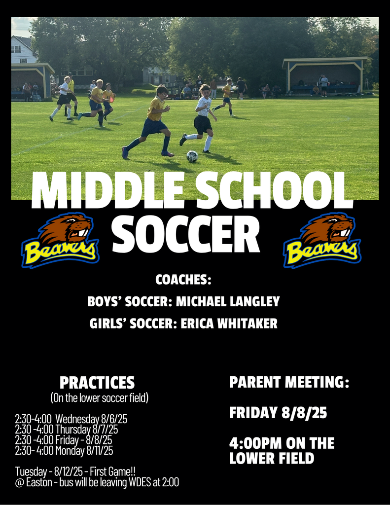 Middle School Soccer will begin 8/6/25 at 2:30 on the lower field. The picture is an announcement of this.